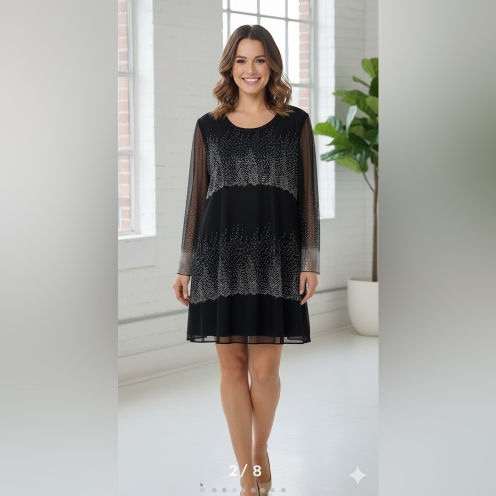 Garnet Hill Black with gray sequins round neck mesh dress size 12